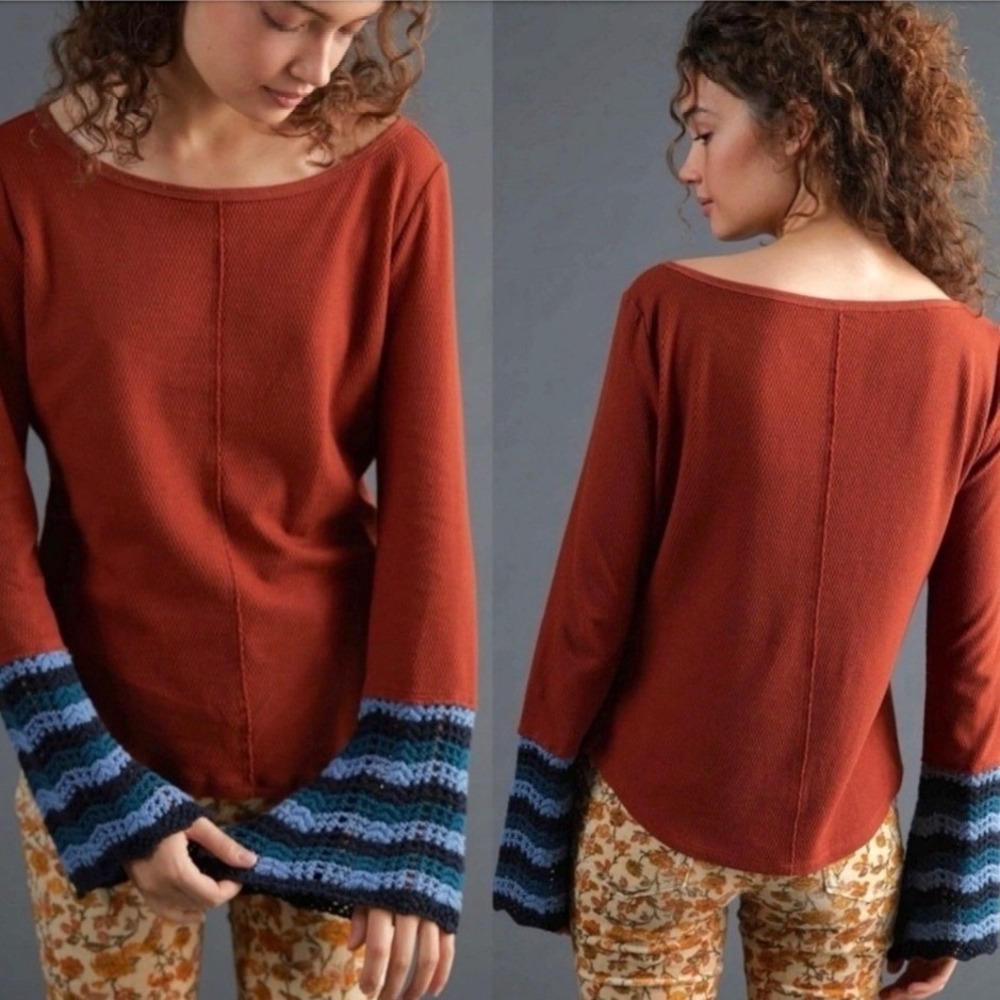 Pilcro Womens Crochet Flare Sleeve Top Small Waffle Long Sleeve Boho Fall Artsy